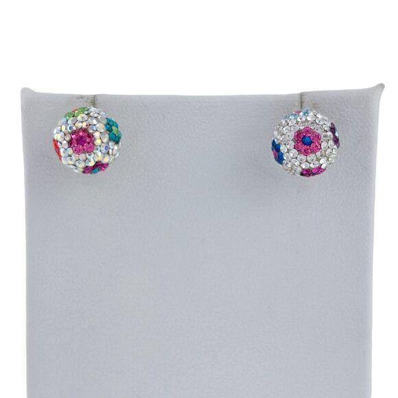 Vintage Sterling Silver Multicolor Pave Crystal Flower Motif Ball Stud Earrings - Picture 2 of 4